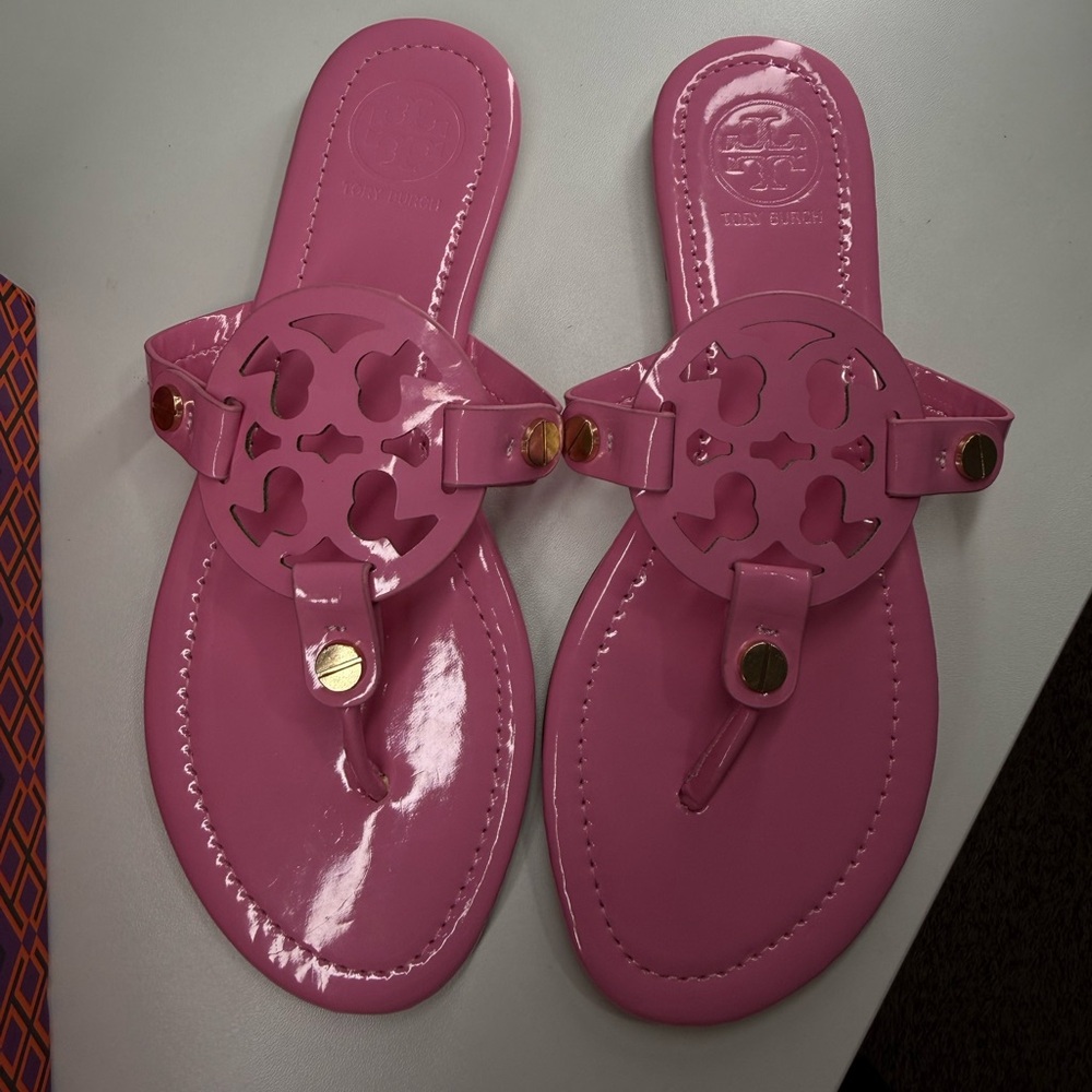 Tory Burch Pink Patent Leather Logo Thong Sandals